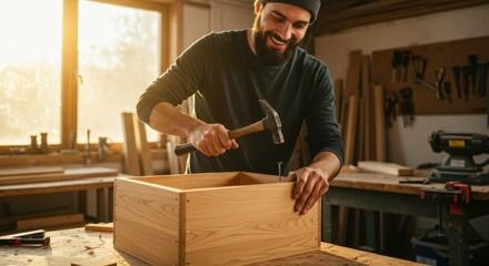 Craftsman hammering a wooden box