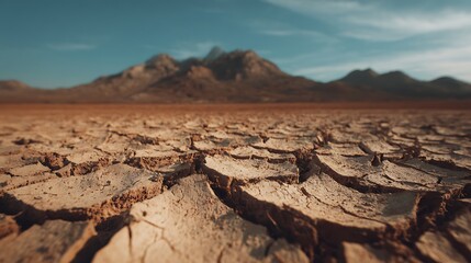 Fototapeta premium Close-up of Close-up of cracked, dry earth with a distant mountain in the background.