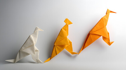 Naklejka premium Three vibrant origami kangaroos in white, yellow, and orange, showcasing intricate folding techniques against a minimalist background.