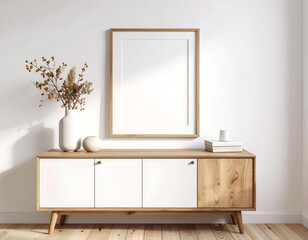 Minimalist mockup of poster and wall art frame on white background / interior. A clean and simple mockup of a [object], perfect for showcasing designs or products. High resolution and minimalist style