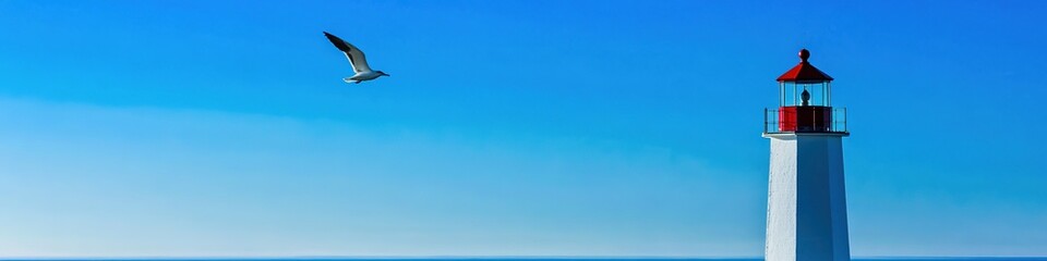 Majestic Red and White Lighthouse Against Clear Blue Sky: Iconic Coastal Beacon with Flying Bird. Striking Nautical Scene for Creative Advertising, Commercial Backgrounds, and Maritime-Themed Designs.