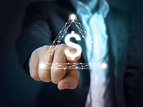 Pointing Hand with Glowing Dollar Sign, Connected Network in Business Suit