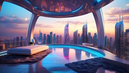 A glowing penthouse with a radiant glass floor overlooking a vibrant futuristic cityscape, Cinematic theme, HDR, Vibrant