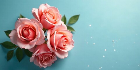 A delicate cluster of coral roses rests on a serene light-blue background, adorned with subtle shimmering accents, creating a visually appealing and elegant floral arrangement.