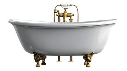 Elegant vintage white bathtub with ornate golden fixtures, showcasing luxury and charm.