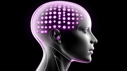 Obraz premium Profile View of a Futuristic Human-like Robot Head with Digital Brain and Neon Light Elements