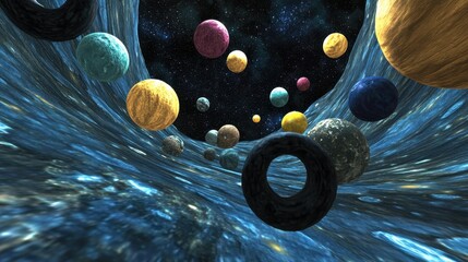 Cosmic journey through a wormhole with planets and rings, creating a surreal space scene. Abstract representation of interstellar travel and celestial bodies in space.