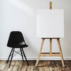 A blank canvas on a wooden easel stands beside a black plastic chair against a white wall and wood floor, bathed in soft light