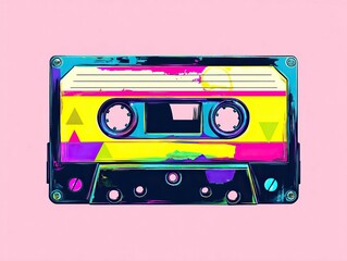 Retro cassette tape art. Bold colors and geometric shapes evoke a nostalgic feel. Music is fun!
