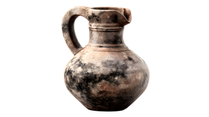 A weathered, clay jug with a rustic finish, showcasing ancient craftsmanship and historical significance.