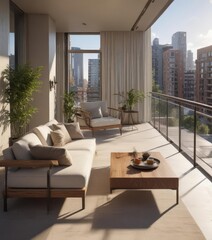 Obraz premium Sunlit balcony, modern condo living room, sleek design, stylish, luxury apartment