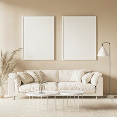 Neutral Beige Living Room Design with Cream Sofa and Minimalist Decor