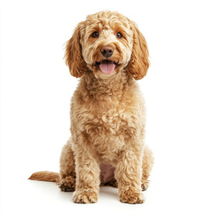 Fototapeta premium A goldendoodle dog sitting and looking at the camera isolated on a white background