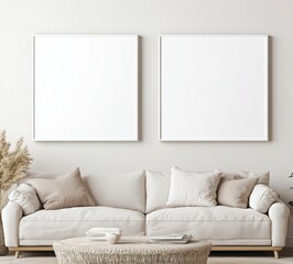 Neutral Minimalist Living Room With Beige Sofa And Empty White Frames