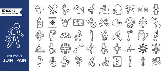 Joint Pain line editable icon set. Human joints, knees, hands, pain in limbs and more. Vector illustration
