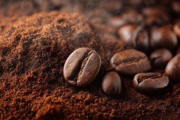 Close Up of Roasted Coffee Beans and Grounds