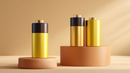 Fototapeta premium Three Modern Cylindrical Batteries Displayed on Round Bases with Warm Lighting and Neutral Background