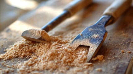 Close-up of Woodworking Tools and Wood Shavings on Wooden Surface