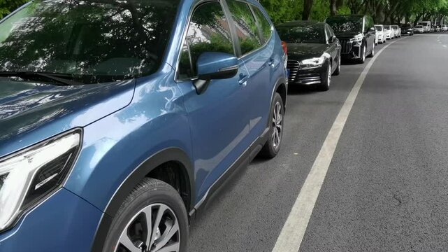 A Row of Cars Parked Along the Roadside: A Common Urban Sigh