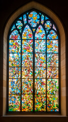 An ornate stained-glass window depicts vibrant floral and foliage patterns, casting colorful light within a historic architectural structure. A study in light, color, and design.