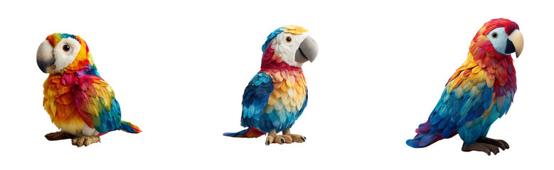 A full-body plushie of a colorful parrot with vibrant feathers, transparant background.