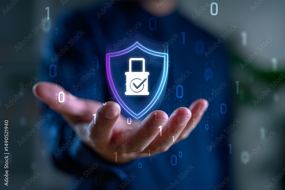 Aufkleber Cybersecurity protection with secure digital shield and lock icon. Concept of data privacy, online security, information protection, encryption and secure technology for businesses.