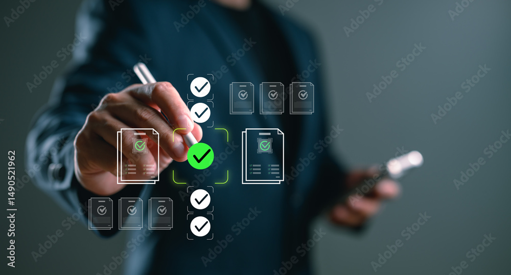 Poster Businessman approving digital documents with checklist interface. Concept of paperless office, online approval system, task management and business process automation.