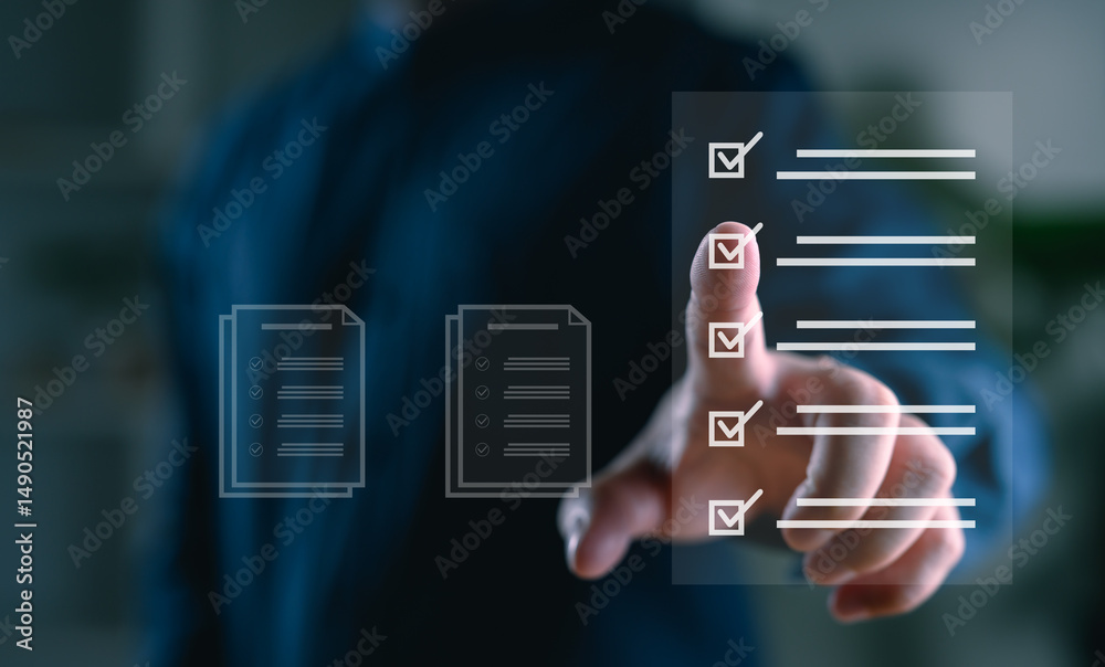 Poster businessman interacting with digital checklist interface. task management, productivity tools, workf