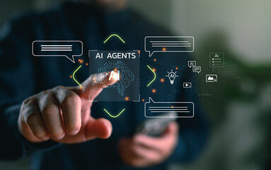Plakat Businessman using AI agent interface for smart automation and digital communication. Concept of artificial intelligence, chatbot, virtual assistant, and generative AI technology.