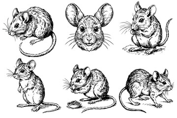 Collection of hand drawn mice in various poses and views
