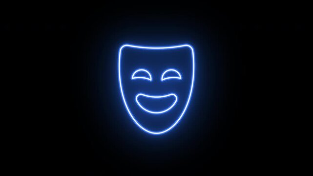 Neon comedy mask icon, flickering emergence and fading. Glowing neon theater mask icon, looped animation. Theatrical humor, laughter, comedian performance, comic show. Violet blue azure colors