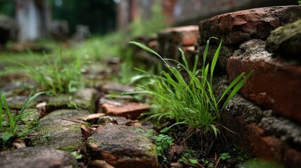 Wild grass overcoming old garden bricks abandoned site photography urban decay close-up nature's resilience