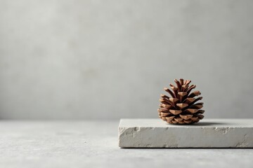 A single pine cone rests on a minimalist, light gray stone platform against a muted background, offering a simple, natural composition.