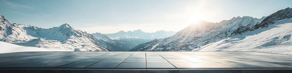 Surreal Rooftop with Giant Black Tiles Overlooking Snowy French Alps: Creative Abstract Commercial Background for Car Advertising. Bright Spring Scene with Clear Sky and Sunshine. High-Resolution Arch