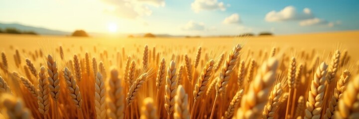 Vast expanse of ripe wheat, waves of gold under a clear sky , golden light, texture, harvest