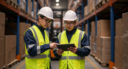 Warehouse team collaboration industrial setting digital communication organized environment close-up view efficient workflow analysis