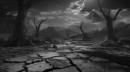 Black and white landscape, cracked earth, dead trees, dark sky, digital art style, concept design, game scene design, art station trend, high-definition photography, 3D rendering, high resolution,