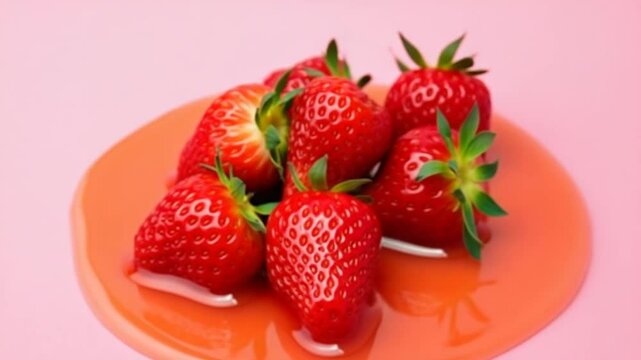 Fresh Strawberries in Syrup on Pink Background
