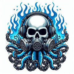 Skull with headphones and gas mask encircled by flames and octopus tentacles.