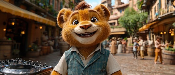 Animated lion character on a busy street