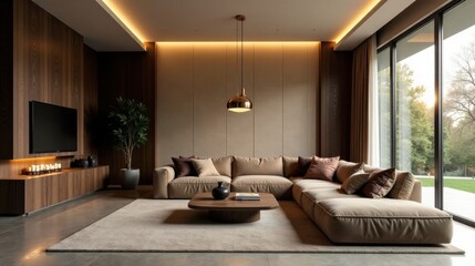 Modern Sectional Sofa in Luxurious Living Room with Warm Lighting and Expansive Window Views
