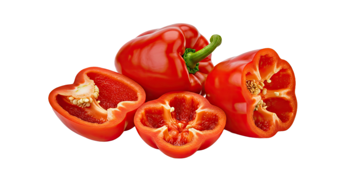 PNG Red bell peppers and longitudinal slices of pepper, isolated on white background