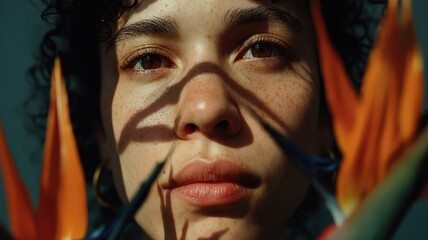 Close-Up Portrait of a Young South African Woman in Natural Curls Surrounded by Tropical Flowers
