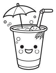 Kawaii Summer Drink with Umbrella and Strawberry - Cute Beverage Coloring Page