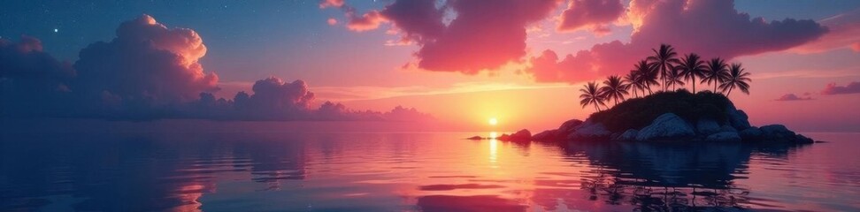 Obraz premium Sunset hues paint the tranquil archipelago waters, mirroring a starlit sky , night, calm