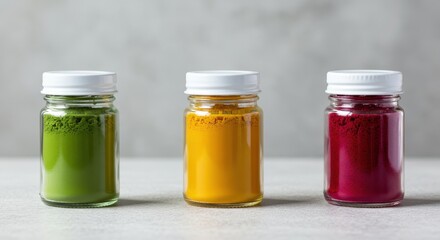 Green, Yellow, and Red Superfood Powder Product Shot in Small Glass Jars