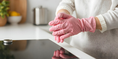 Woman hands in gloves cleans kitchen electric ceramic hob