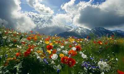 Vibrant meadow filled with wildflowers under a dramatic sky with mountains in the background