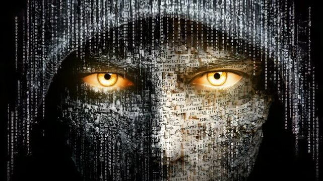 anonymous hacking persona Faceless hacker identity hidden in faceless hacker code under faceless hacker encryption in cyber anonymity concept. data security disguise, identity obfuscation in cyber 
