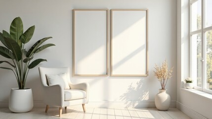 Fototapeta premium Modern Minimalist Living Room Interior Design Featuring Two Blank Frames, Comfortable Armchair, and Stylish Potted Plants